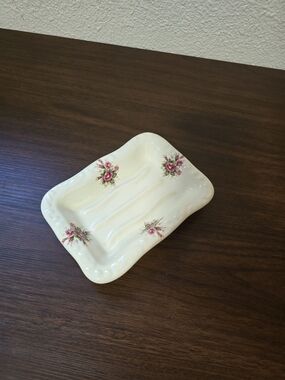 Vintage Athena Cream Ceramic Soap Dish with Pink Rose Decals